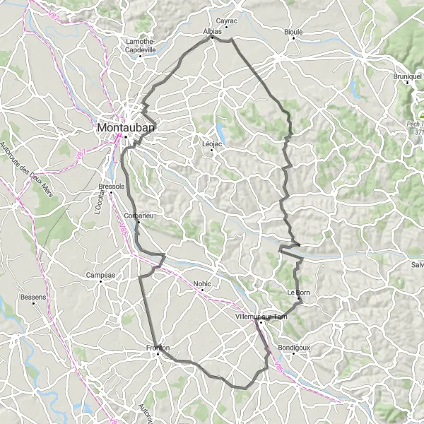 Map miniature of "Vineyards and Valleys" cycling inspiration in Midi-Pyrénées, France. Generated by Tarmacs.app cycling route planner