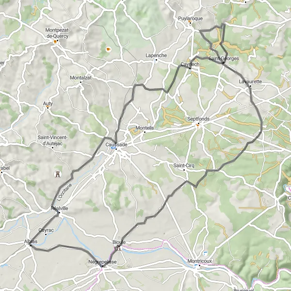 Miniature de la carte de l'inspiration cycliste "Découverte des villages de Cayriech et Bioule à vélo" dans la Midi-Pyrénées, France. Générée par le planificateur d'itinéraire cycliste Tarmacs.app