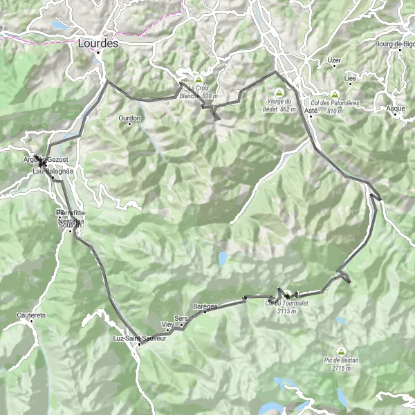 Miniaturní mapa "Cyklistická trasa kolem Argelès-Gazost" inspirace pro cyklisty v oblasti Midi-Pyrénées, France. Vytvořeno pomocí plánovače tras Tarmacs.app