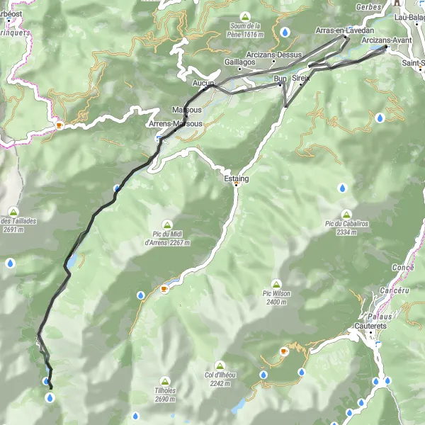 Kartminiatyr av "Runt Argelès-Gazost via Arras-en-Lavedan" cykelinspiration i Midi-Pyrénées, France. Genererad av Tarmacs.app cykelruttplanerare