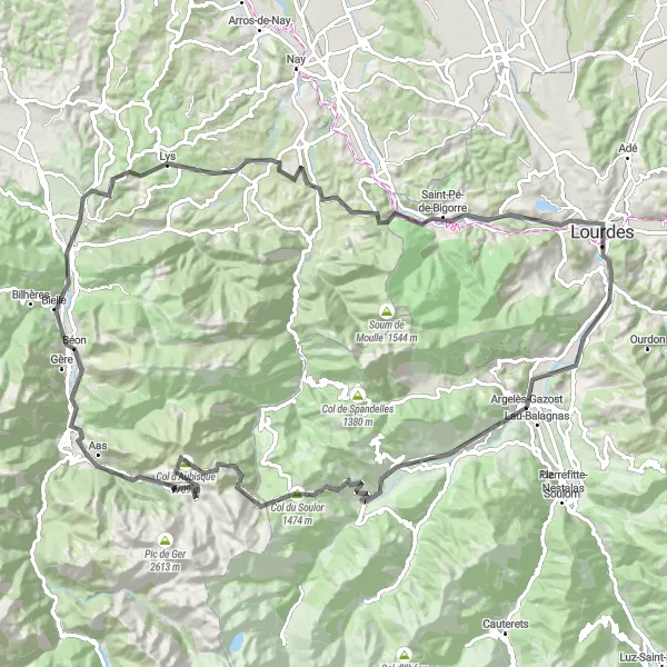 Zemljevid v pomanjšavi "Uživanje v naravnih lepotah in kulturnih dediščinah Pyrenajev" kolesarske inspiracije v Midi-Pyrénées, France. Generirano z načrtovalcem kolesarskih poti Tarmacs.app