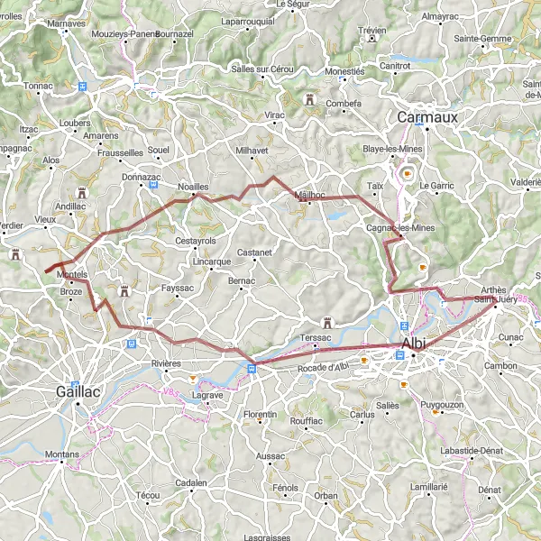 Miniature de la carte de l'inspiration cycliste "Exploration des Chemins de Gravel autour d'Albi" dans la Midi-Pyrénées, France. Générée par le planificateur d'itinéraire cycliste Tarmacs.app