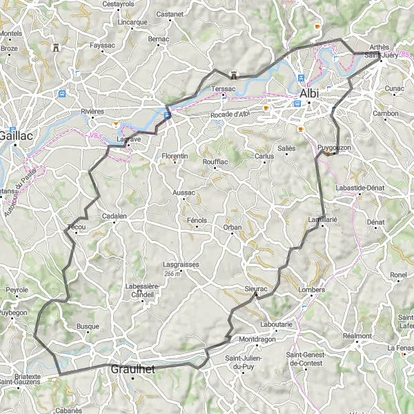 Miniature de la carte de l'inspiration cycliste "Boucle vers Graulhet" dans la Midi-Pyrénées, France. Générée par le planificateur d'itinéraire cycliste Tarmacs.app