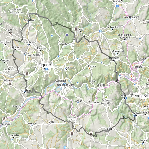 Miniatuurkaart van de fietsinspiratie "Wegfietsroute naar Faycelles en Puy-Launay" in Midi-Pyrénées, France. Gemaakt door de Tarmacs.app fietsrouteplanner