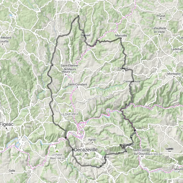 Zemljevid v pomanjšavi "Raznolika kolesarska tura s številnimi znamenitostmi" kolesarske inspiracije v Midi-Pyrénées, France. Generirano z načrtovalcem kolesarskih poti Tarmacs.app