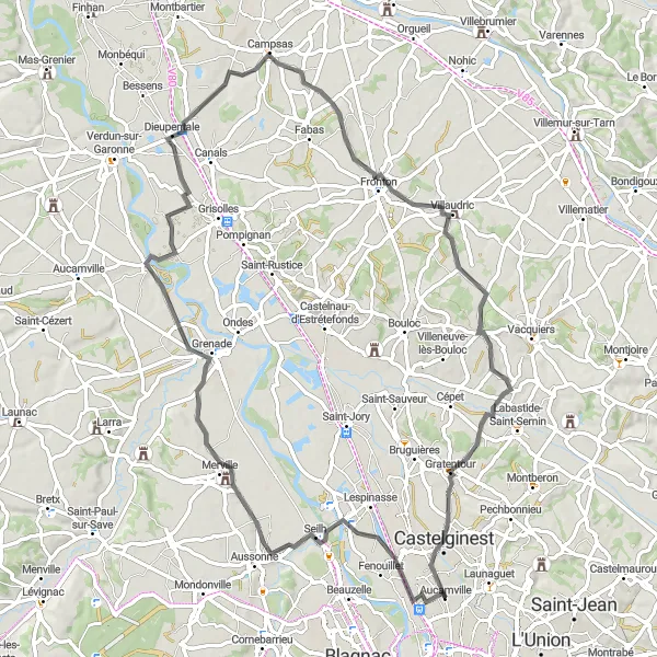 Miniaturní mapa "Cyklistická trasa kolem Aucamville" inspirace pro cyklisty v oblasti Midi-Pyrénées, France. Vytvořeno pomocí plánovače tras Tarmacs.app