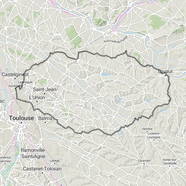 Karten-Miniaturansicht der Radinspiration "Herausfordernde Radtour rund um Aucamville" in Midi-Pyrénées, France. Erstellt vom Tarmacs.app-Routenplaner für Radtouren