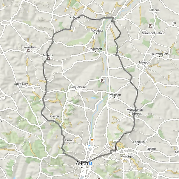 Map miniature of "The Château de Mérens Loop" cycling inspiration in Midi-Pyrénées, France. Generated by Tarmacs.app cycling route planner