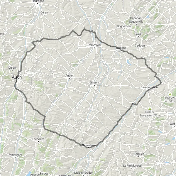 Miniaturní mapa "Z Auch do Pavie a zpět" inspirace pro cyklisty v oblasti Midi-Pyrénées, France. Vytvořeno pomocí plánovače tras Tarmacs.app