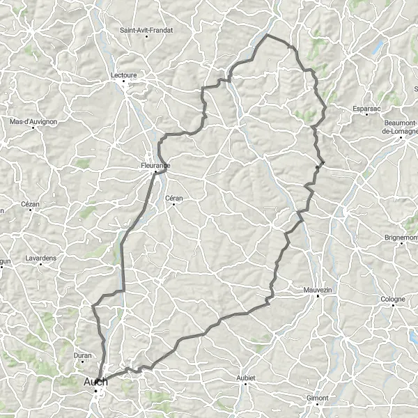 Miniaturní mapa "Kolo zpět z Auch do Leboulin" inspirace pro cyklisty v oblasti Midi-Pyrénées, France. Vytvořeno pomocí plánovače tras Tarmacs.app