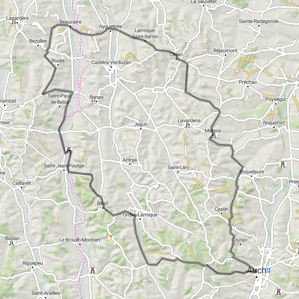 Miniaturní mapa "Kulturní a cyklistická cesta u Auch" inspirace pro cyklisty v oblasti Midi-Pyrénées, France. Vytvořeno pomocí plánovače tras Tarmacs.app