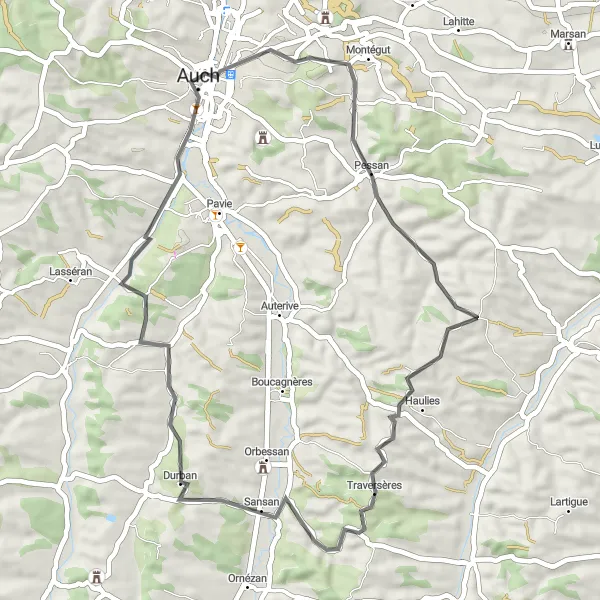 Miniature de la carte de l'inspiration cycliste "Boucle Pessan et Sansan" dans la Midi-Pyrénées, France. Générée par le planificateur d'itinéraire cycliste Tarmacs.app