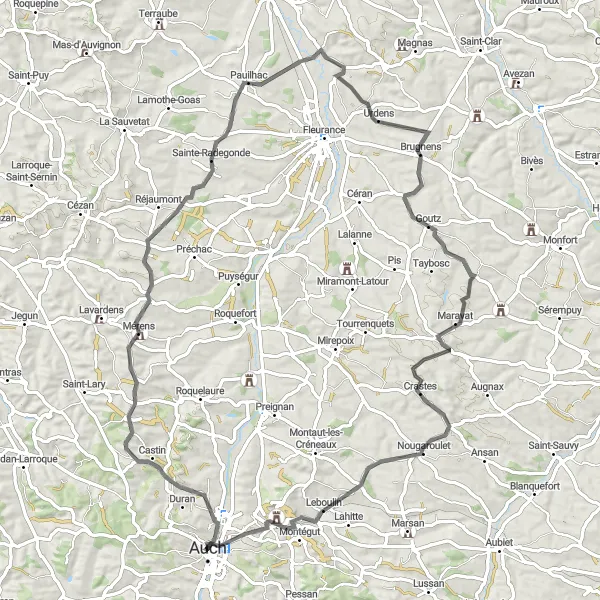 Map miniature of "Auch to Leboulin" cycling inspiration in Midi-Pyrénées, France. Generated by Tarmacs.app cycling route planner