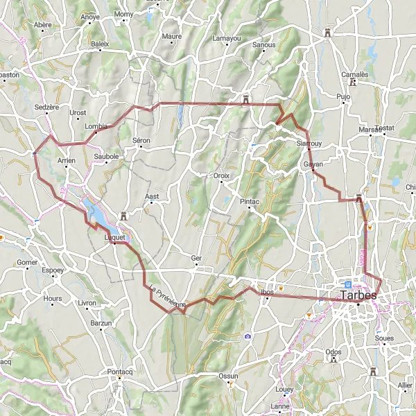 Miniatuurkaart van de fietsinspiratie "Gravelroute vanuit Aureilhan naar Bazet" in Midi-Pyrénées, France. Gemaakt door de Tarmacs.app fietsrouteplanner