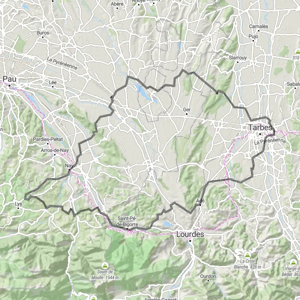 Zemljevid v pomanjšavi "Cestna dogodivščina z razgledi na Tâble d'orientation" kolesarske inspiracije v Midi-Pyrénées, France. Generirano z načrtovalcem kolesarskih poti Tarmacs.app