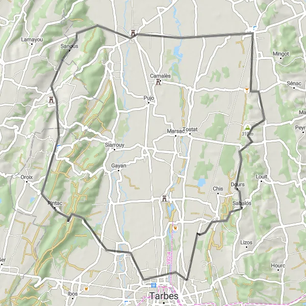 Mapa miniatúra "Road Route Aureilhan - Dours" cyklistická inšpirácia v Midi-Pyrénées, France. Vygenerované cyklistickým plánovačom trás Tarmacs.app