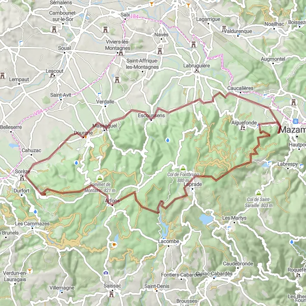 Miniaturní mapa "Gravel cyklistická trasa kolem kopců poblíž Aussillonu" inspirace pro cyklisty v oblasti Midi-Pyrénées, France. Vytvořeno pomocí plánovače tras Tarmacs.app