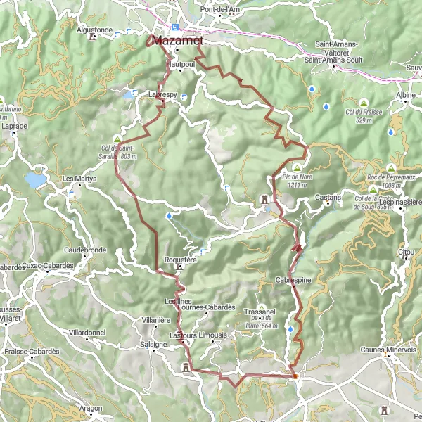 Miniaturní mapa "Trasa kolem Mazametu a Lastours" inspirace pro cyklisty v oblasti Midi-Pyrénées, France. Vytvořeno pomocí plánovače tras Tarmacs.app