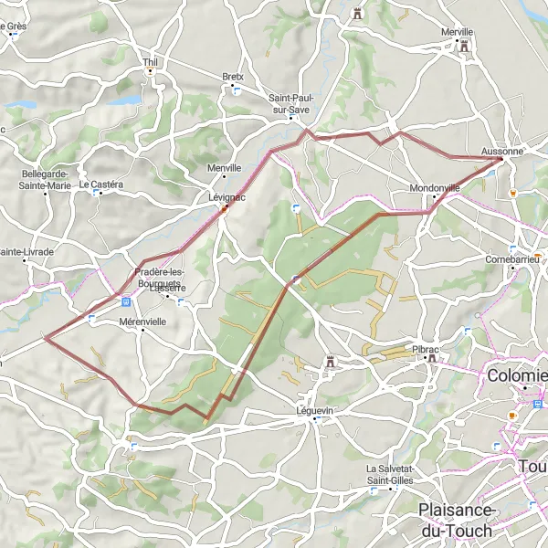 Miniaturní mapa "Gravel trasa kolem Aussonne" inspirace pro cyklisty v oblasti Midi-Pyrénées, France. Vytvořeno pomocí plánovače tras Tarmacs.app