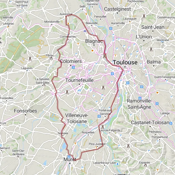 Kartminiatyr av "Spennende grustur til Toulouse og tilbake" sykkelinspirasjon i Midi-Pyrénées, France. Generert av Tarmacs.app sykkelrutoplanlegger