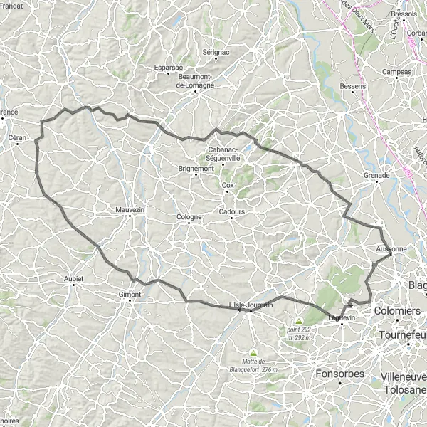 Kartminiatyr av "Utmanande tur till omgivande byar" cykelinspiration i Midi-Pyrénées, France. Genererad av Tarmacs.app cykelruttplanerare