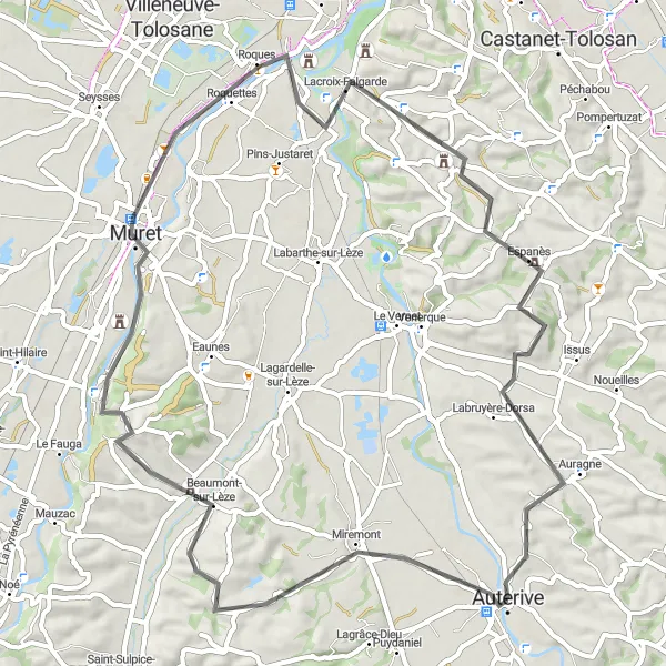 Kartminiatyr av "Auterive till Auribail Loop" cykelinspiration i Midi-Pyrénées, France. Genererad av Tarmacs.app cykelruttplanerare