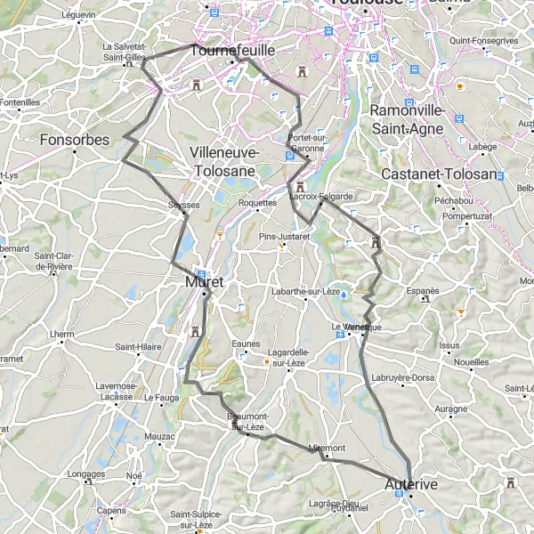 Map miniature of "Auterive - Plaisance-du-Touch Loop" cycling inspiration in Midi-Pyrénées, France. Generated by Tarmacs.app cycling route planner