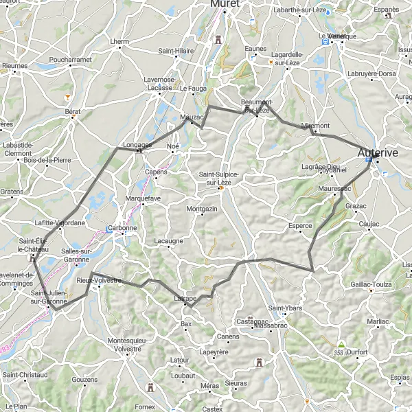 Kartminiatyr av "Sykkeltur til Rieux-Volvestre" sykkelinspirasjon i Midi-Pyrénées, France. Generert av Tarmacs.app sykkelrutoplanlegger