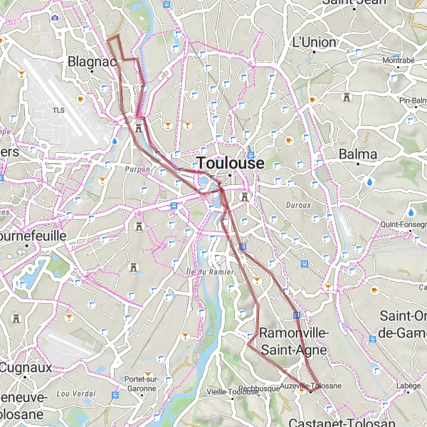 Kartminiatyr av "Grusvägar och sevärdheter nära Toulouse" cykelinspiration i Midi-Pyrénées, France. Genererad av Tarmacs.app cykelruttplanerare