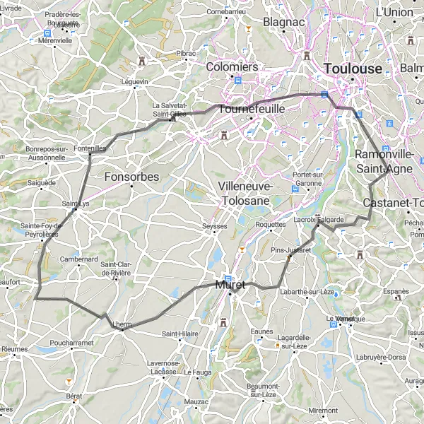 Miniatua del mapa de inspiración ciclista "Ruta pintoresca por Lherm y Tournefeuille" en Midi-Pyrénées, France. Generado por Tarmacs.app planificador de rutas ciclistas