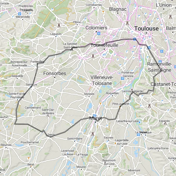 Map miniature of "Road Route to Ramier Island" cycling inspiration in Midi-Pyrénées, France. Generated by Tarmacs.app cycling route planner