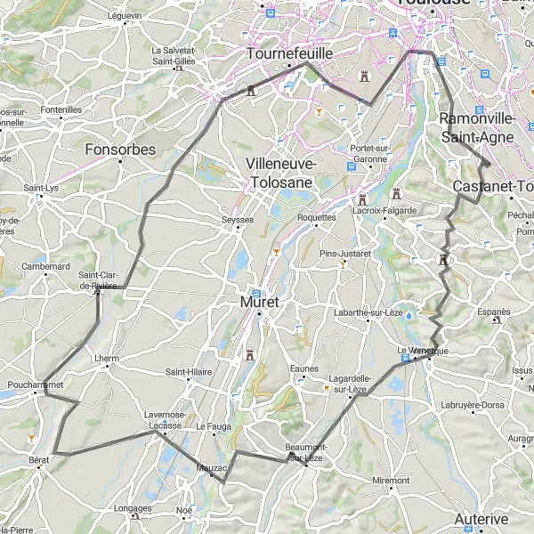 Map miniature of "Auzeville-Tolosane to Aureville Round Trip" cycling inspiration in Midi-Pyrénées, France. Generated by Tarmacs.app cycling route planner