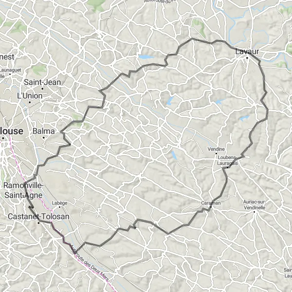 Map miniature of "Auzeville-Tolosane to Castanet-Tolosan Round Trip" cycling inspiration in Midi-Pyrénées, France. Generated by Tarmacs.app cycling route planner