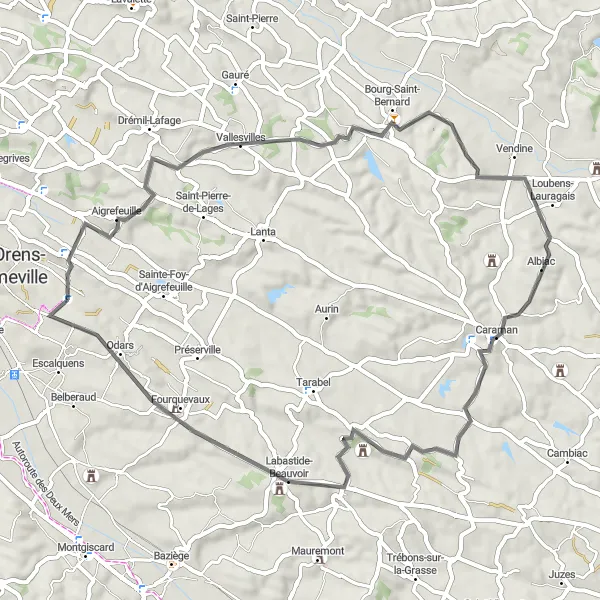 Karttaminiaatyyri "Vallesvilles - Caragoudes - Odars - Vallesvilles" pyöräilyinspiraatiosta alueella Midi-Pyrénées, France. Luotu Tarmacs.app pyöräilyreittisuunnittelijalla