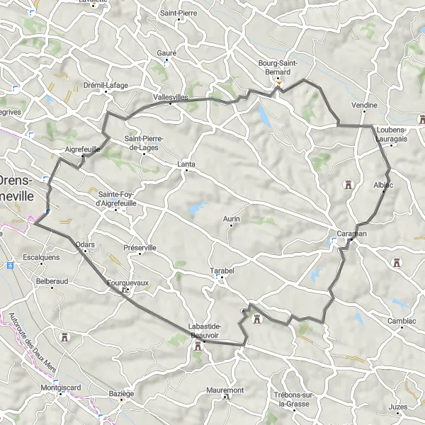 Miniatuurkaart van de fietsinspiratie "Vallesvilles to Odars" in Midi-Pyrénées, France. Gemaakt door de Tarmacs.app fietsrouteplanner