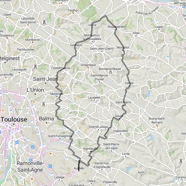 Miniaturní mapa "Cyklovýlet kolem Pin-Balma a Gauré" inspirace pro cyklisty v oblasti Midi-Pyrénées, France. Vytvořeno pomocí plánovače tras Tarmacs.app