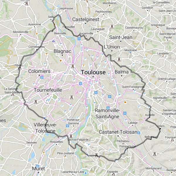 Map miniature of "Scenic Ride to Auzielle" cycling inspiration in Midi-Pyrénées, France. Generated by Tarmacs.app cycling route planner