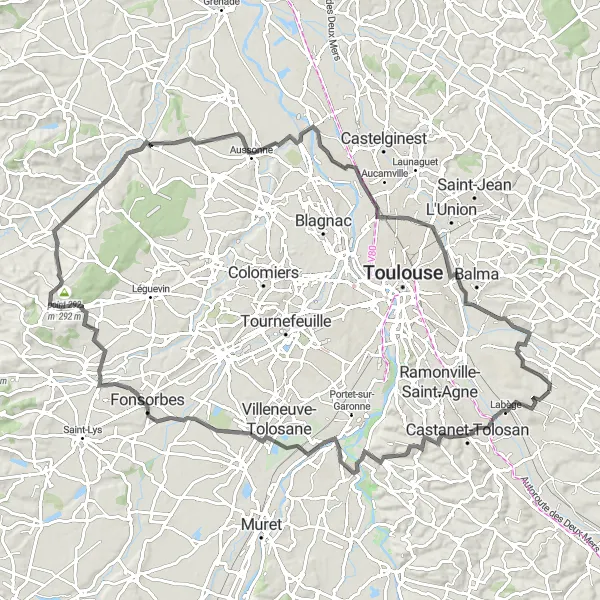Miniatua del mapa de inspiración ciclista "Ruta Escénica Road Cycling en Castanet-Tolosan" en Midi-Pyrénées, France. Generado por Tarmacs.app planificador de rutas ciclistas