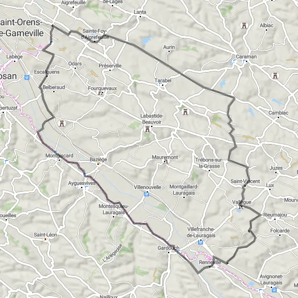 Map miniature of "Escalquens Loop" cycling inspiration in Midi-Pyrénées, France. Generated by Tarmacs.app cycling route planner