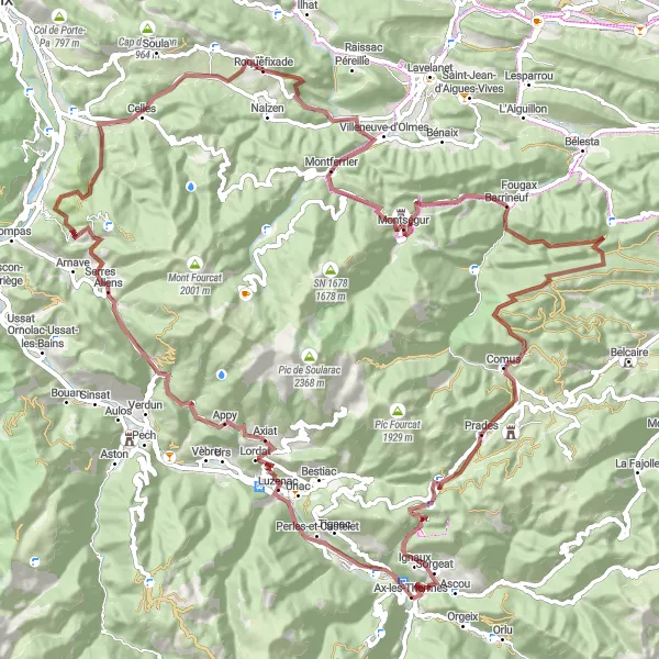 Miniature de la carte de l'inspiration cycliste "Exploration des montagnes en gravel" dans la Midi-Pyrénées, France. Générée par le planificateur d'itinéraire cycliste Tarmacs.app