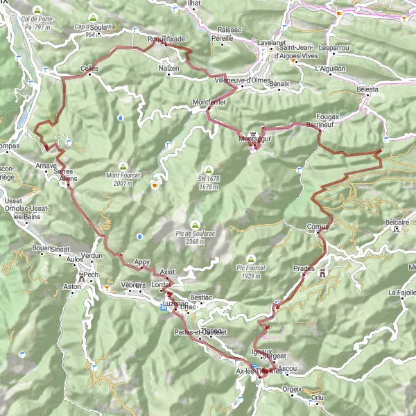 Miniatuurkaart van de fietsinspiratie "Ax-les-Thermes - Montségur Off-road Adventure" in Midi-Pyrénées, France. Gemaakt door de Tarmacs.app fietsrouteplanner