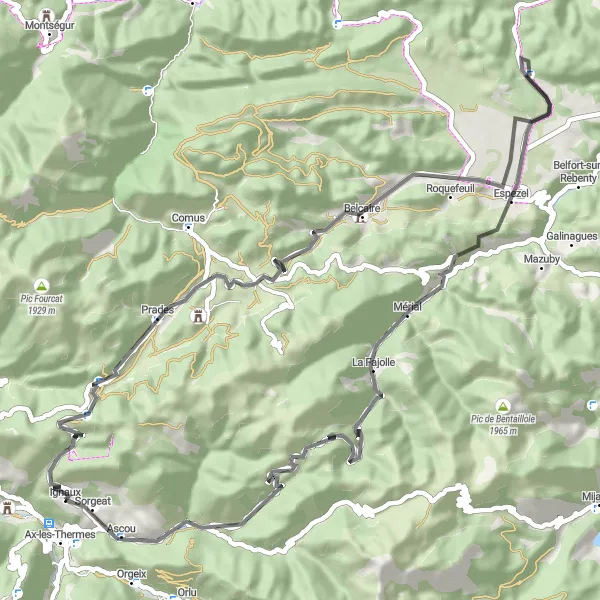 Kartminiatyr av "Ax-les-Thermes til Pic des Sarrasis" sykkelinspirasjon i Midi-Pyrénées, France. Generert av Tarmacs.app sykkelrutoplanlegger