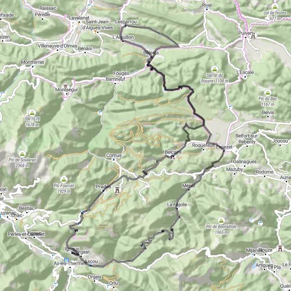 Zemljevid v pomanjšavi "Izzivajoča kolesarska avantura v okolici Ax-les-Thermes" kolesarske inspiracije v Midi-Pyrénées, France. Generirano z načrtovalcem kolesarskih poti Tarmacs.app