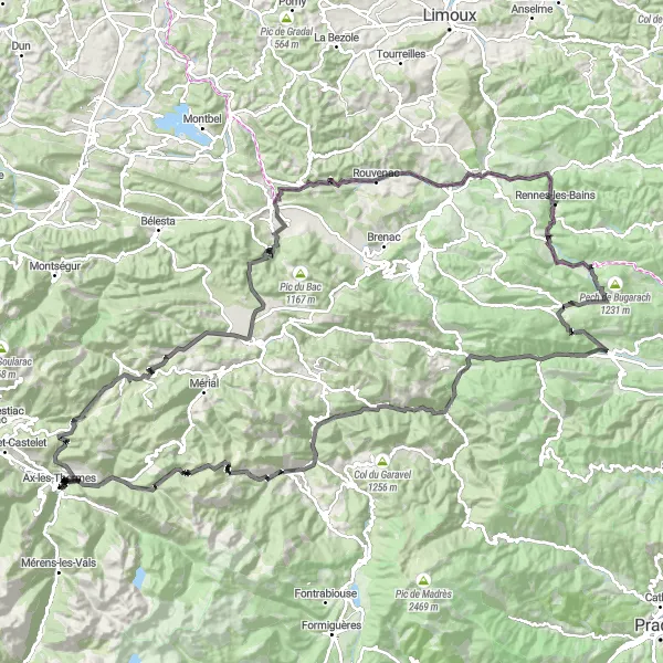 Karttaminiaatyyri "Haastava maantiepyöräilyreitti Ax-les-Thermes:sta" pyöräilyinspiraatiosta alueella Midi-Pyrénées, France. Luotu Tarmacs.app pyöräilyreittisuunnittelijalla