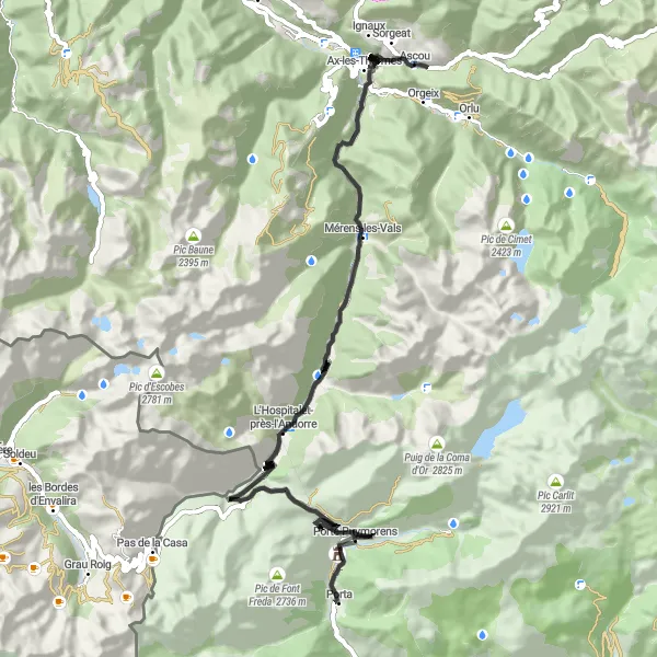 Kartminiatyr av "Ax-les-Thermes til Capçalera de l'Arieja" sykkelinspirasjon i Midi-Pyrénées, France. Generert av Tarmacs.app sykkelrutoplanlegger