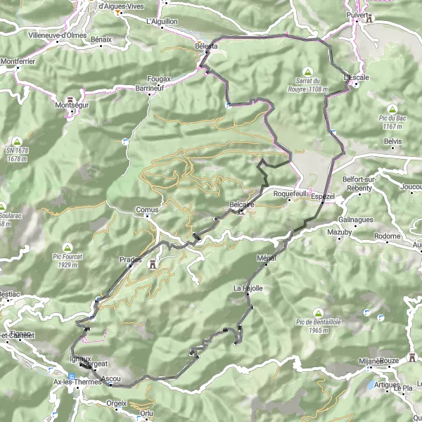 Zemljevid v pomanjšavi "Pustolovščina na kolesu: raznolika pot okoli Ax-les-Thermes" kolesarske inspiracije v Midi-Pyrénées, France. Generirano z načrtovalcem kolesarskih poti Tarmacs.app