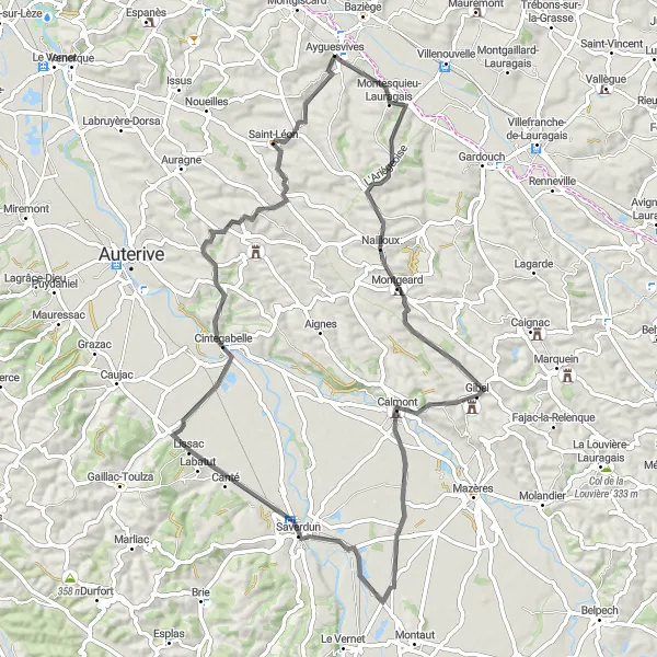 Miniaturní mapa "Kruhová cyklotrasa Ayguesvives - Nailloux" inspirace pro cyklisty v oblasti Midi-Pyrénées, France. Vytvořeno pomocí plánovače tras Tarmacs.app