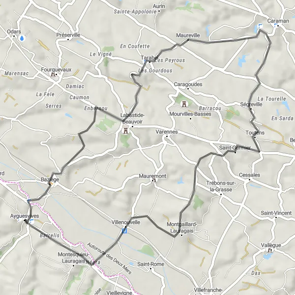 Map miniature of "Exploring the Lauragais countryside" cycling inspiration in Midi-Pyrénées, France. Generated by Tarmacs.app cycling route planner