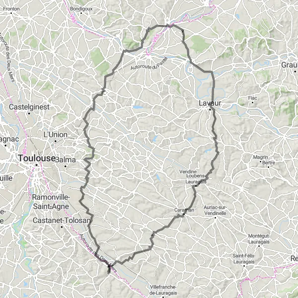 Map miniature of "Lauragais Loop" cycling inspiration in Midi-Pyrénées, France. Generated by Tarmacs.app cycling route planner