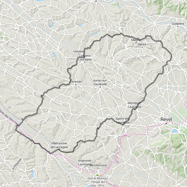 Miniature de la carte de l'inspiration cycliste "Itinéraire pittoresque des Lauragais" dans la Midi-Pyrénées, France. Générée par le planificateur d'itinéraire cycliste Tarmacs.app